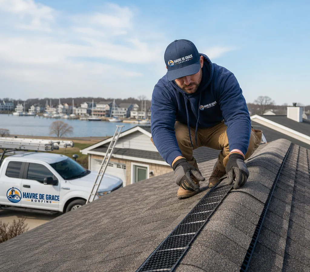 Roofer inspecting a residential asphalt-shingle roof near a ridge vent in Havre de Grace