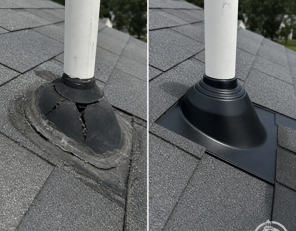 Before-and-after view of a deteriorated pipe boot replaced and correctly integrated with shingles