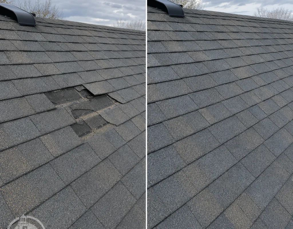 Before-and-after view of missing and creased asphalt shingles replaced with color-matched shingles