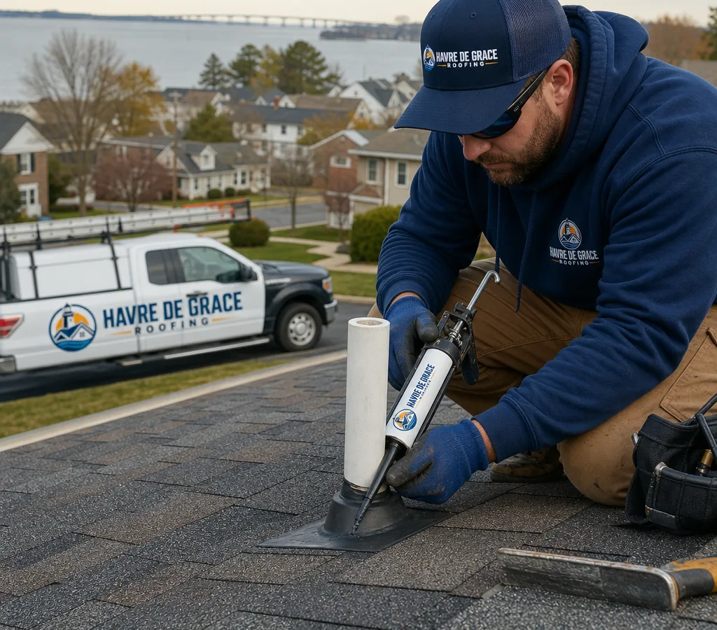 Roofer sealing flashing around a vent pipe on an asphalt shingle roof in a Havre de Grace residential setting